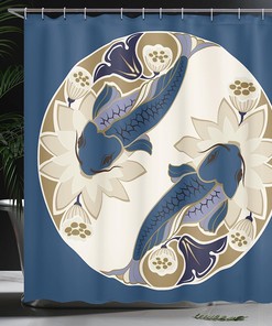 Balance Nature Koi Fish Shower Curtain, Cloth Fabric Bathroom Decor with Beings of Times Ying Yang Form Flower