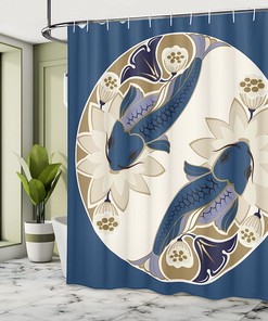 Balance Nature Koi Fish Shower Curtain, Cloth Fabric Bathroom Decor with Beings of Times Ying Yang Form Flower