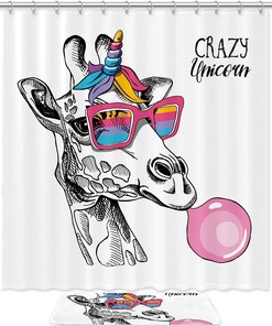 Balloon Crazy Unicorn Giraffe Funny Shower Curtain - Cute Bathroom Decor