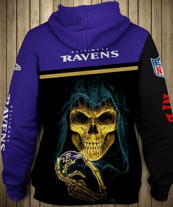 Baltimore Ravens All Over Print Skull Hoodie Pullover Zip Hoodie For Fans