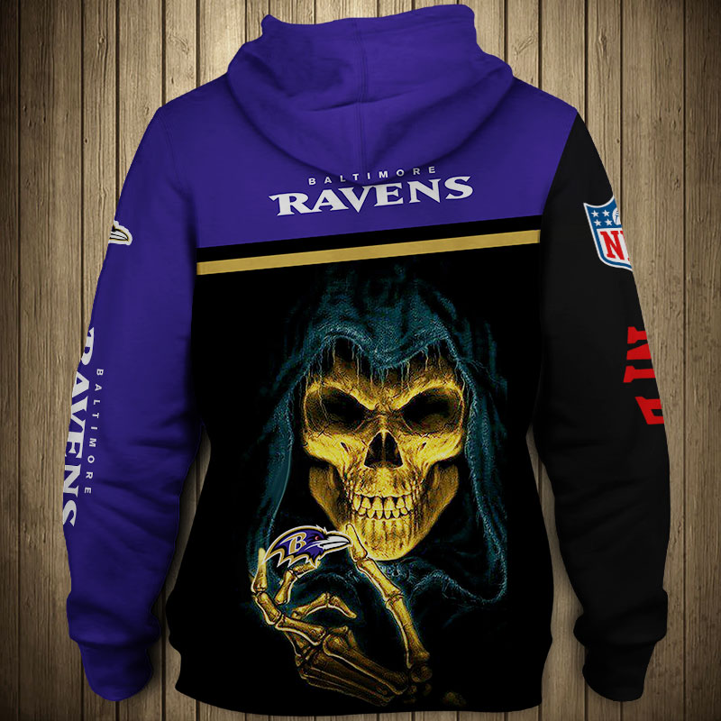 Baltimore Ravens All Over Print Skull Hoodie Pullover Zip Hoodie For Fans