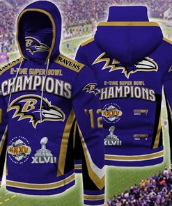 Baltimore Ravens Super Bowl 2 Times Champions All Over Print Hoodie Gifts For Fans