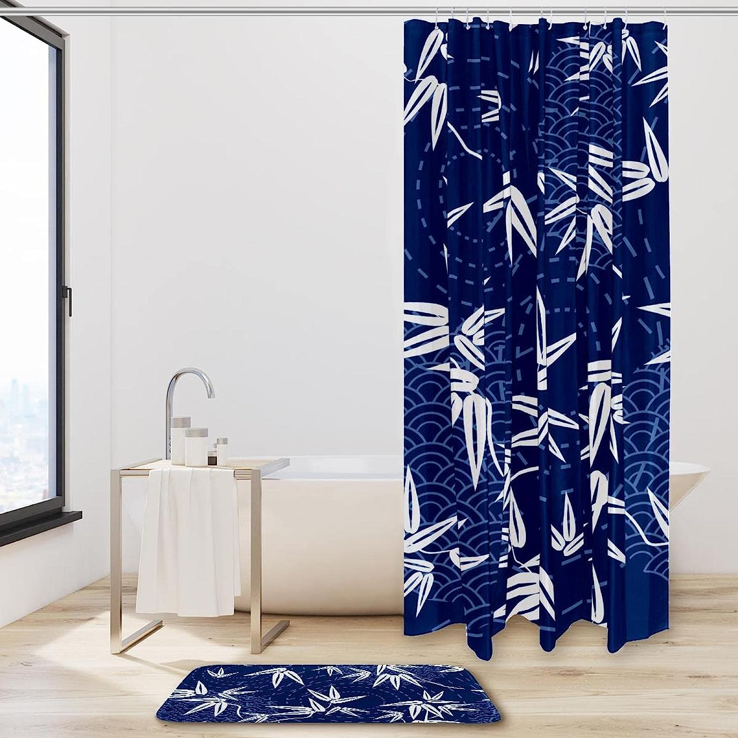 Bamboo And Blue Background Shower Curtain For Bathroom - Image 2