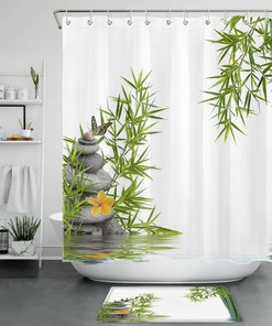 Bamboo And Butterfly Flower Green Botanical Shower Curtain For Bathroom Accessories