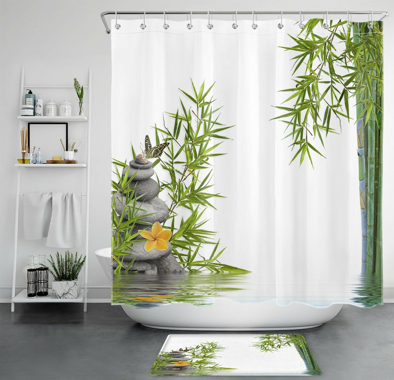 Bamboo And Butterfly Flower Green Botanical Shower Curtain For Bathroom Accessories
