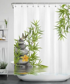 Bamboo And Butterfly Flower Green Botanical Shower Curtain For Bathroom Accessories