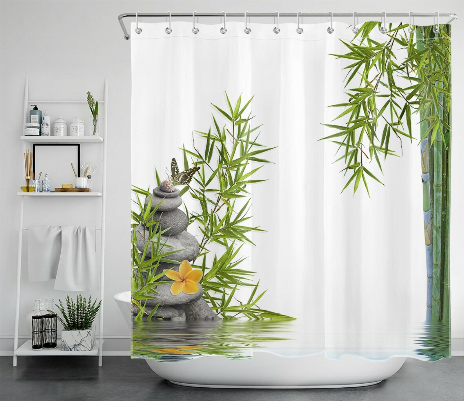 Bamboo And Butterfly Flower Green Botanical Shower Curtain For Bathroom Accessories