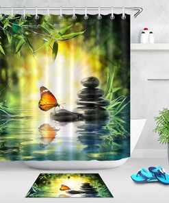 Bamboo And Zen Stones Butterfly Print Shower Curtain For Relaxing Bathroom