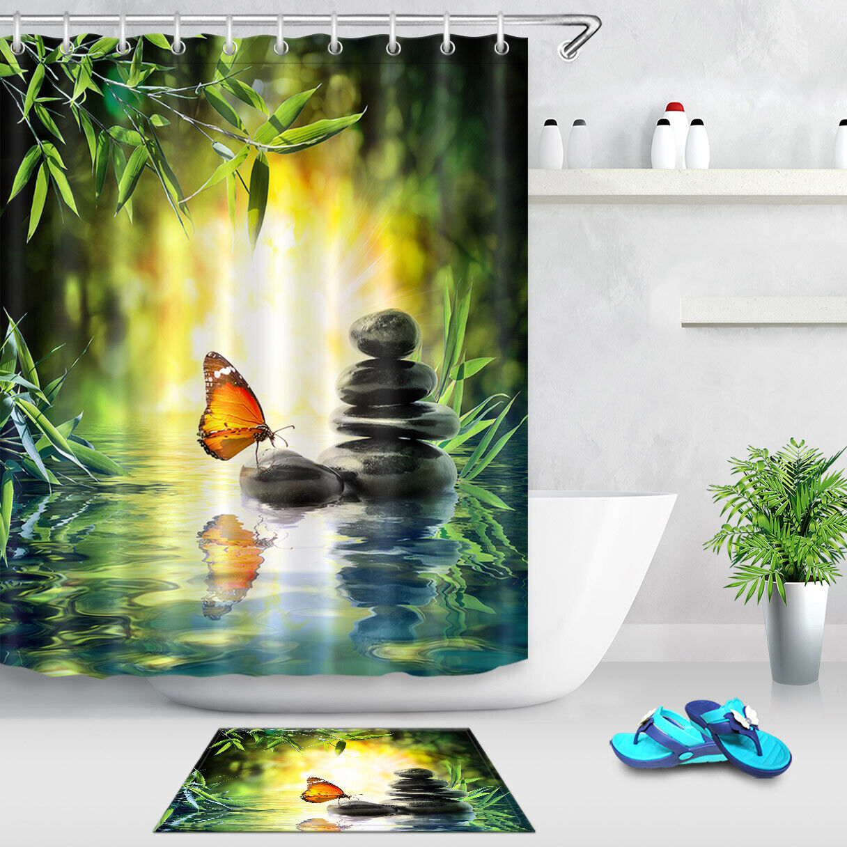 Bamboo And Zen Stones Butterfly Print Shower Curtain For Relaxing Bathroom - Image 2