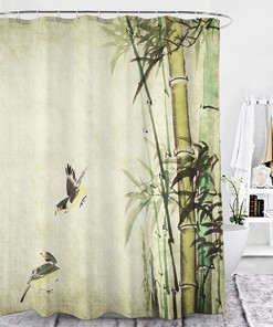Bamboo Leaves Birds Ink Painting Shower Curtain - 3D Print