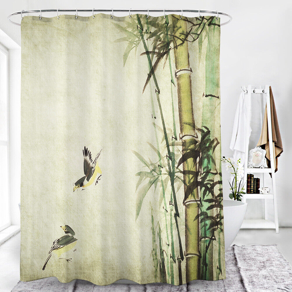 Bamboo Leaves Birds Ink Painting Shower Curtain - 3D Print