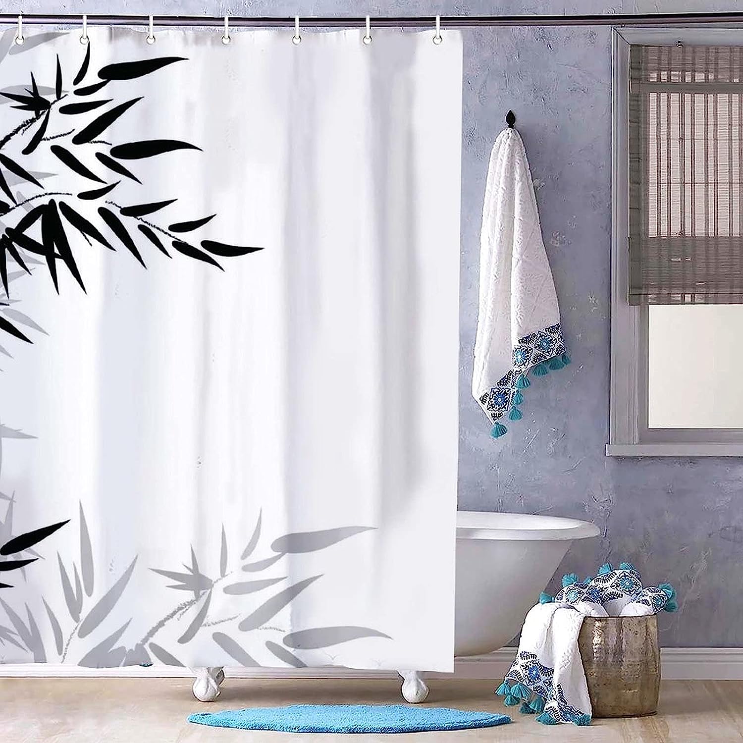 Bamboo Leaves Clear Background Shower Curtain - Decorative Fabric Bath Curtain For Your Asian Bathroom Decor