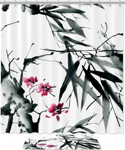 Bamboo Leaves Traditional Bathroom Set With Waterproof Fabric Shower Curtain