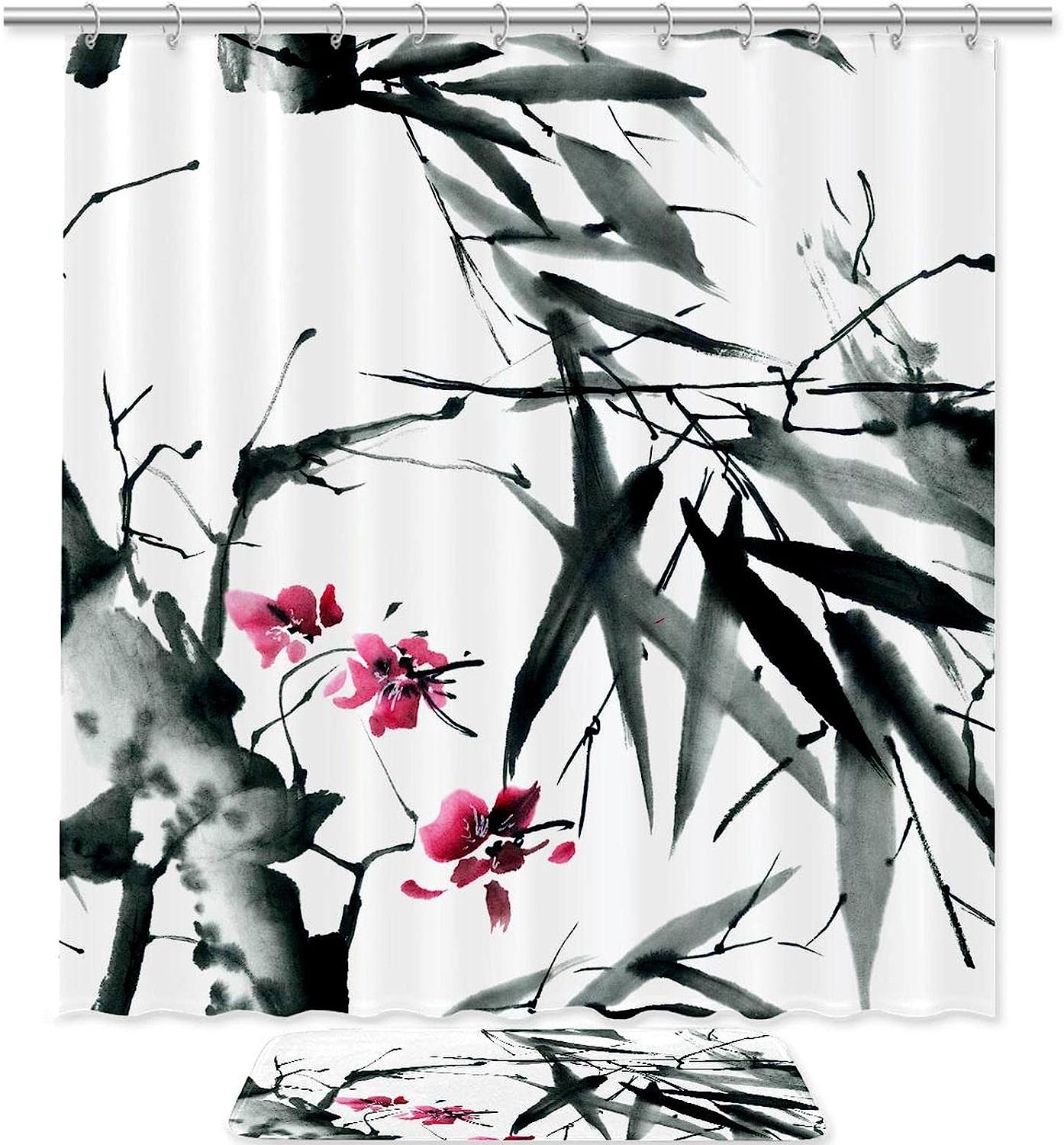 Bamboo Leaves Traditional Bathroom Set With Waterproof Fabric Shower Curtain