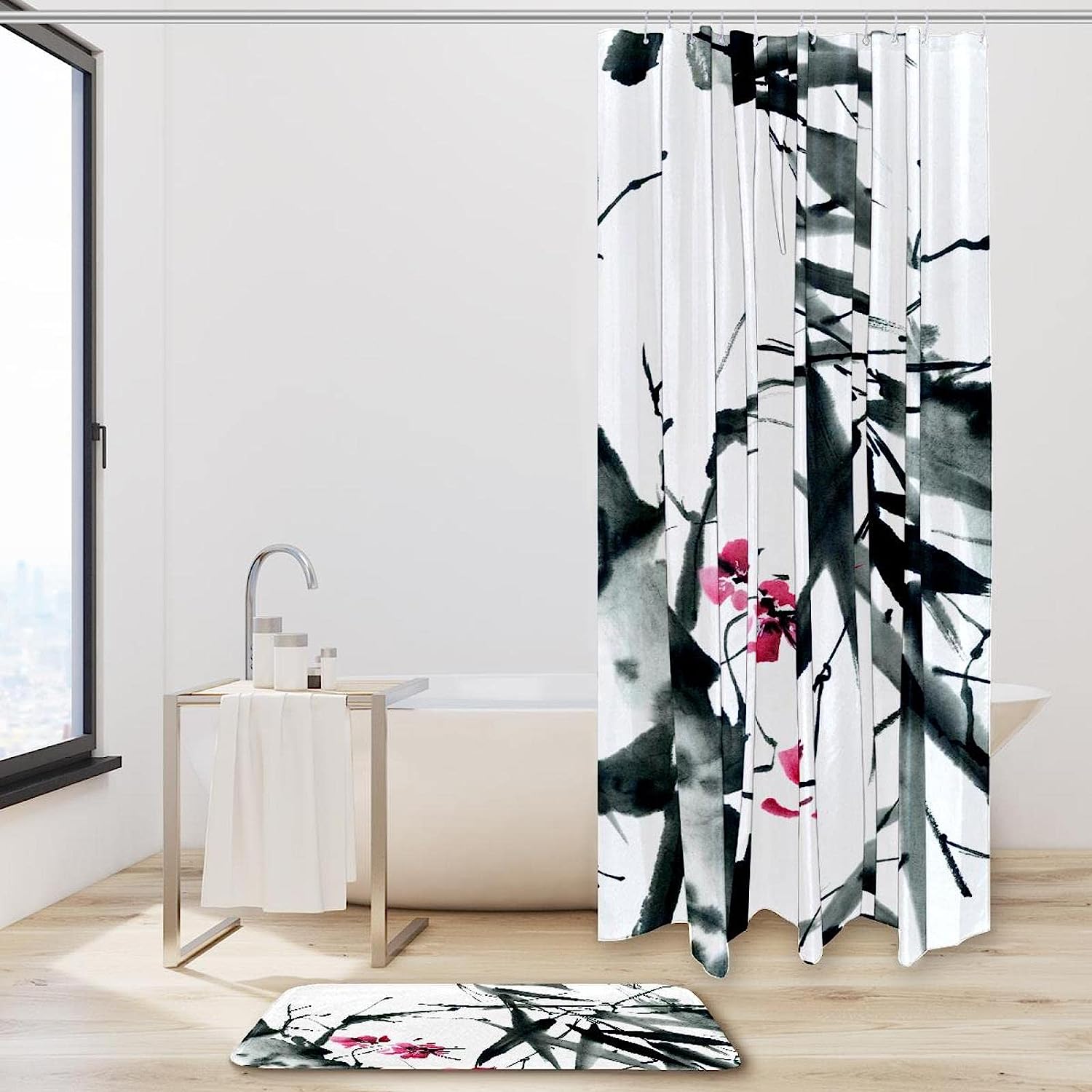Bamboo Leaves Traditional Bathroom Set With Waterproof Fabric Shower Curtain - Image 2
