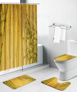 Bamboo Printed Shower Curtain With Lotus Flowers And Green Leaf Bathroom Decor Set