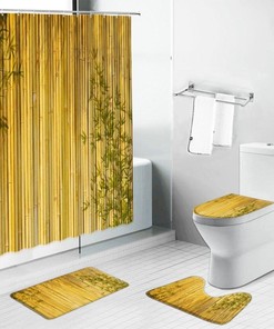 Bamboo Printed Shower Curtain with Green Leaf Lotus Flowers, Set for Bathroom Decor