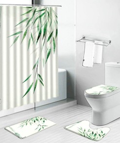 Bamboo Summer Shower Curtains Set With Green Plant Leaves Scenery For Bathroom Decor