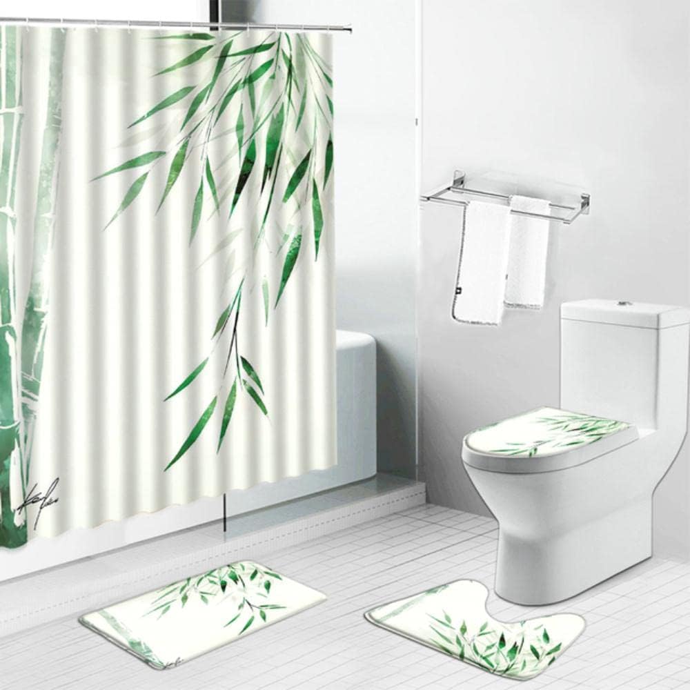 Bamboo Summer Shower Curtains Set With Green Plant Leaves Scenery For Bathroom Decor
