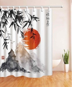 Bamboo Trees, Sun, and Mountains Japanese Style Bath Curtain for Bathroom Decor