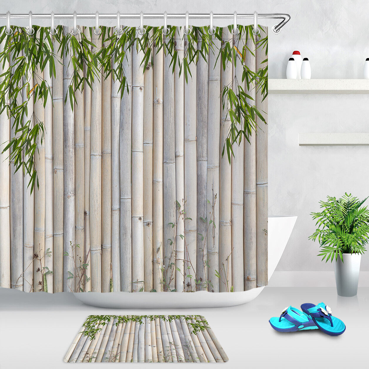 Bamboos and Green Leaves Nature Shower Curtain for Spring Bathroom