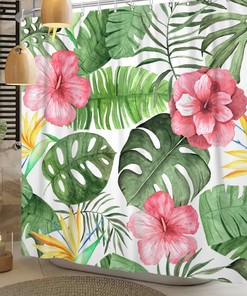 Banana Leaf Shower Curtain With Hibiscus Plumeria Floral Print