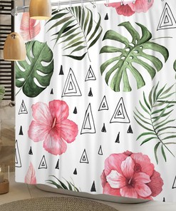 Banana Leaf Shower Curtain With Hibiscus Plumeria Floral Print