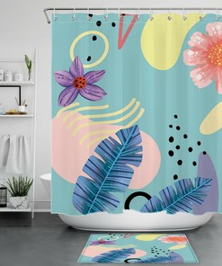 Banana Leaves And Lotus Fabric Shower Curtain With Colorful Geometric Pattern, Great Bath Decor Accessory