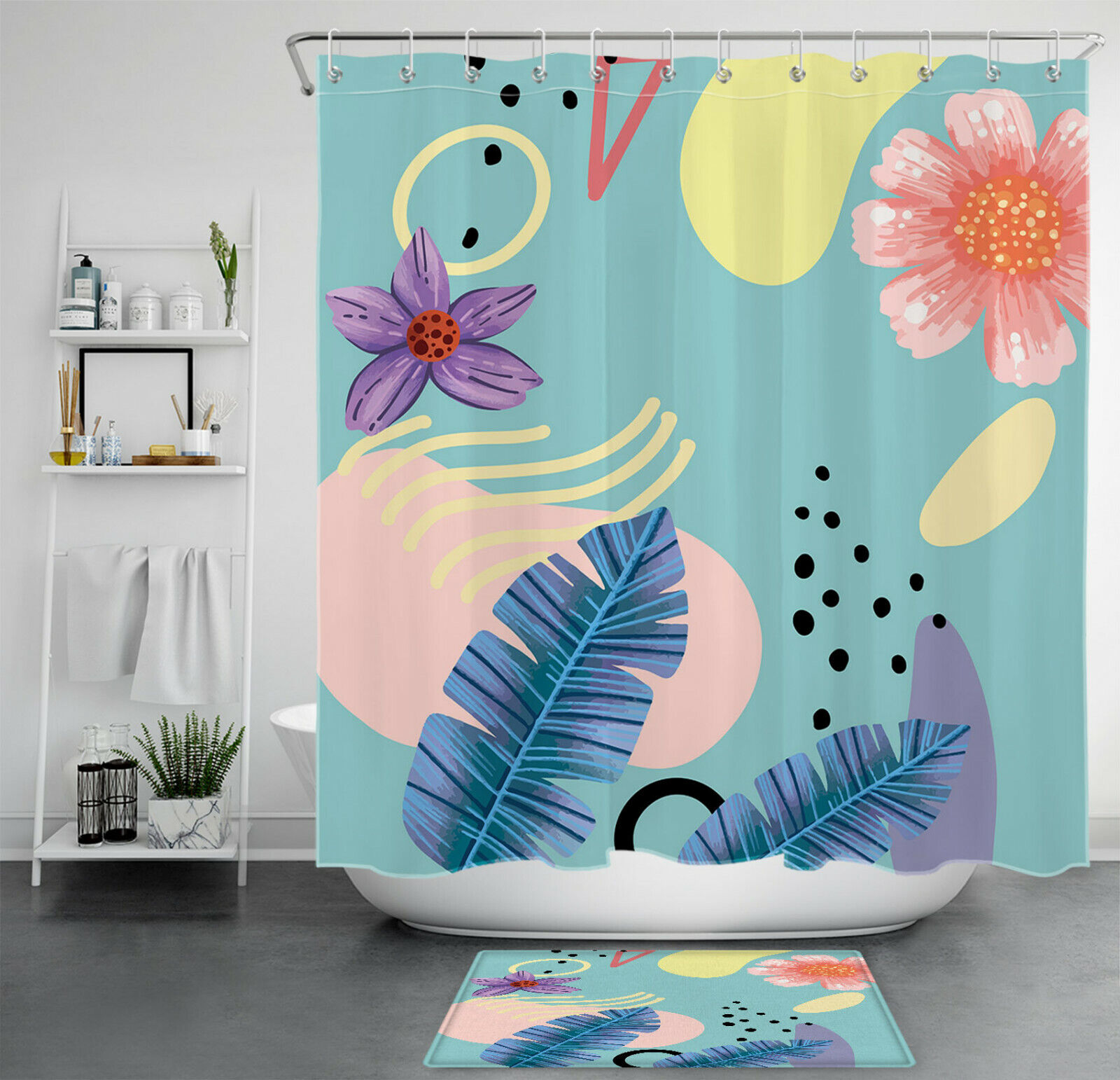 Banana Leaves And Lotus Fabric Shower Curtain With Colorful Geometric Pattern, Great Bath Decor Accessory