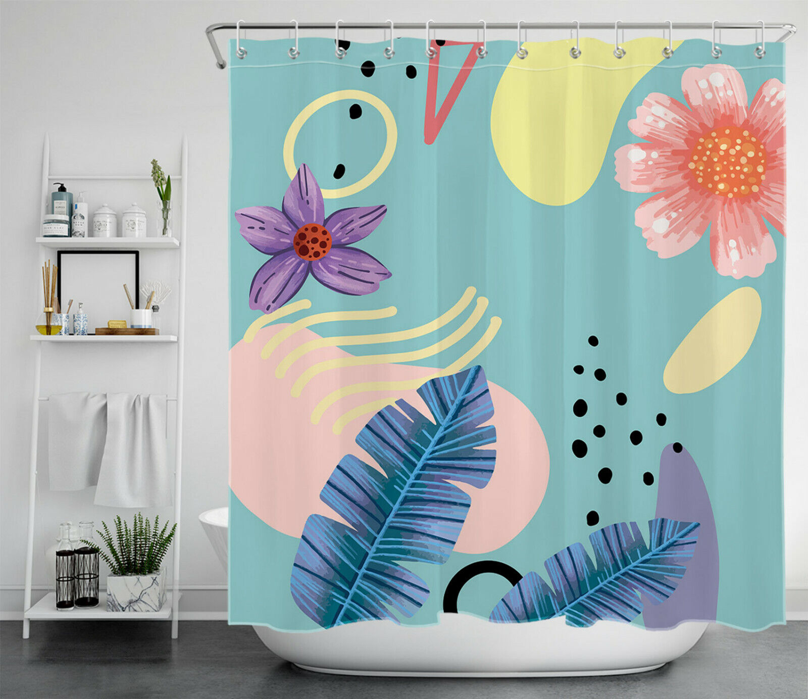 Banana Leaves And Lotus Fabric Shower Curtain With Colorful Geometric Pattern, Great Bath Decor Accessory - Image 2