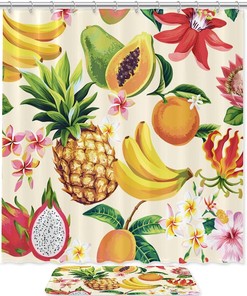 Banana, Papaya, And Pineapple Fruits Shower Curtain Set For Bathroom