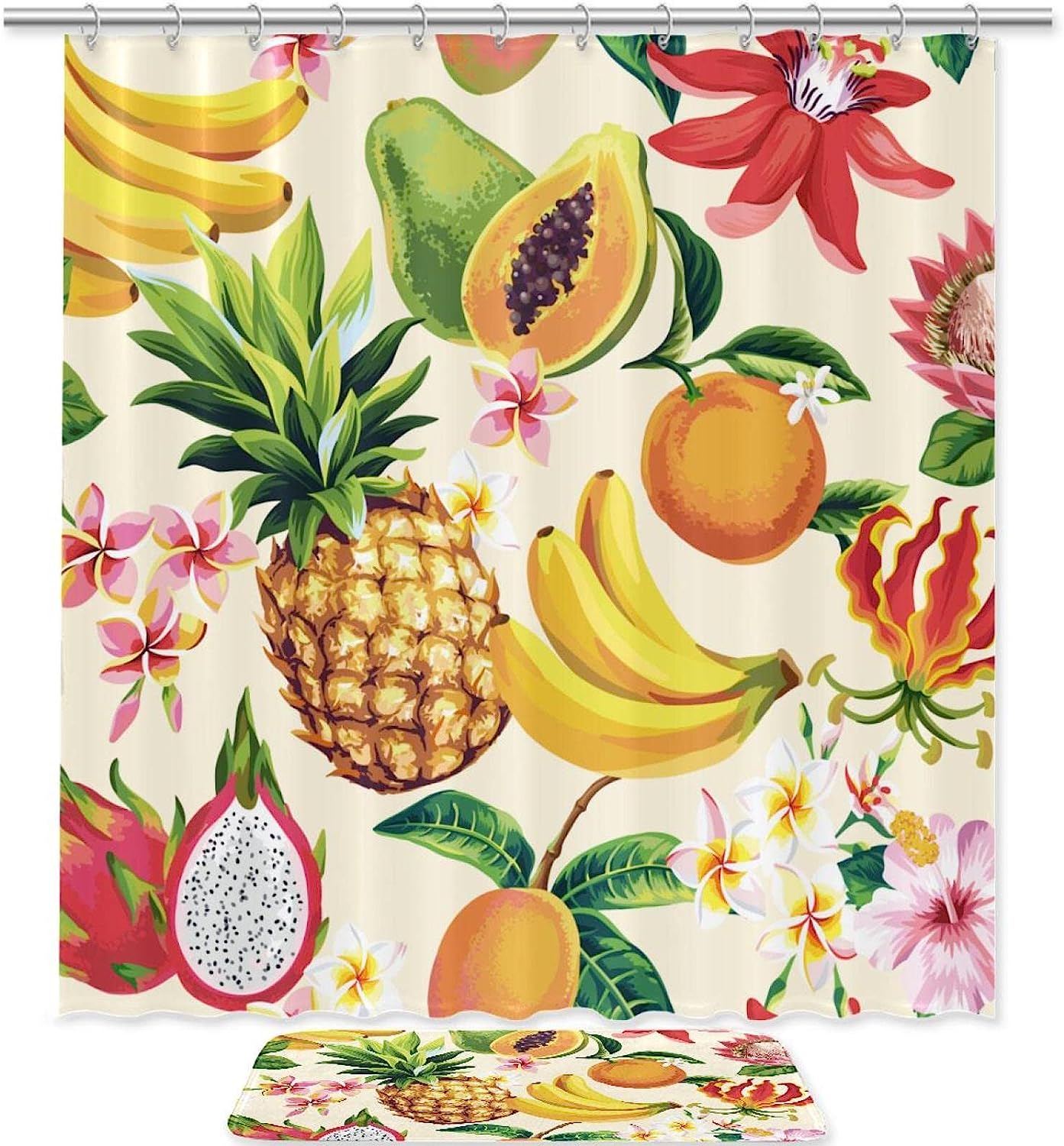 Banana, Papaya, And Pineapple Fruits Shower Curtain Set For Bathroom