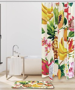 Banana, Papaya, And Pineapple Fruits Shower Curtain Set For Bathroom