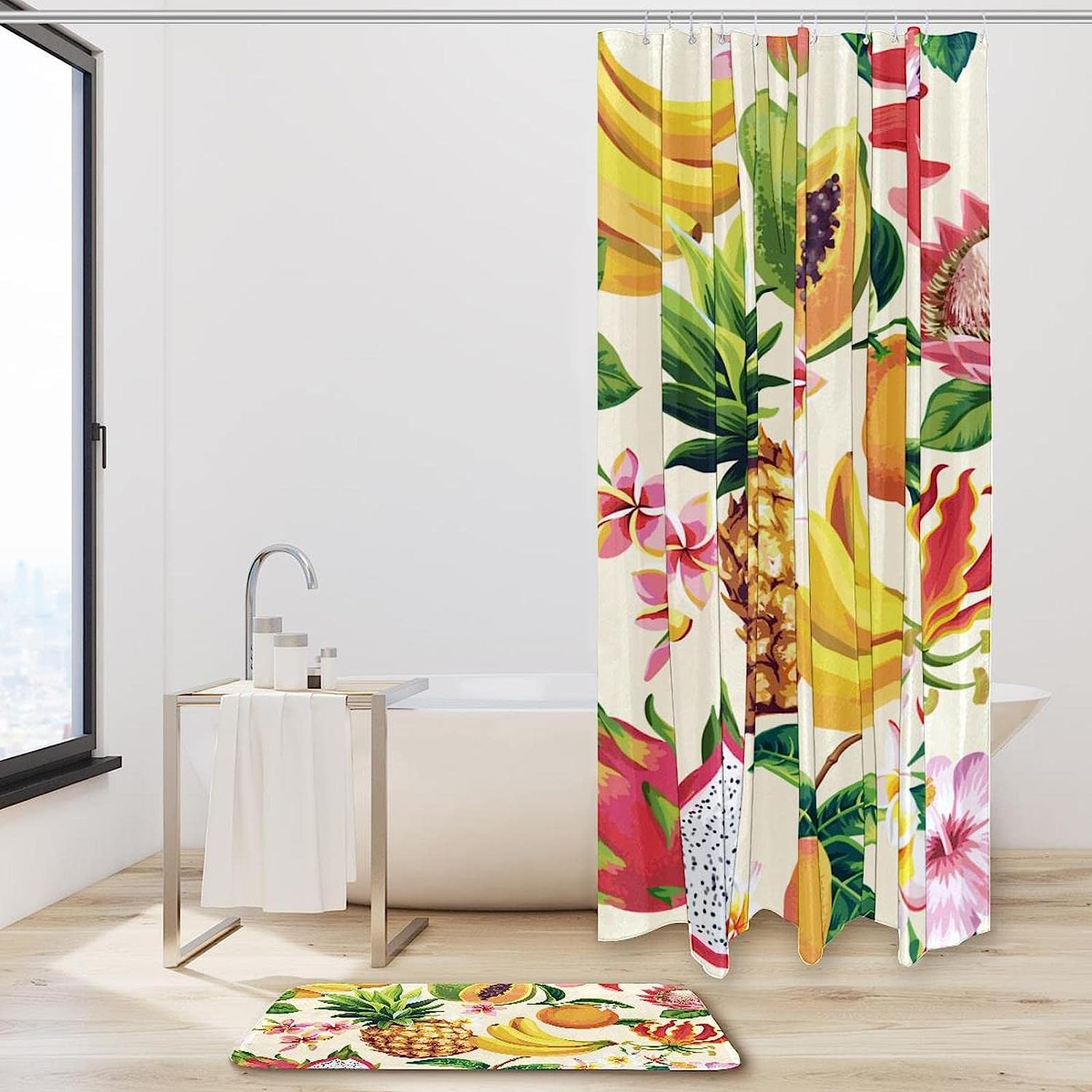 Banana, Papaya, And Pineapple Fruits Shower Curtain Set For Bathroom