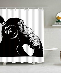 Banksy Headphone Thinking Gorilla Funny Monkey Shower Curtain Bathroom Decor