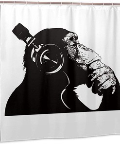 Banksy Headphone Thinking Gorilla Funny Monkey Shower Curtain Bathroom Decor