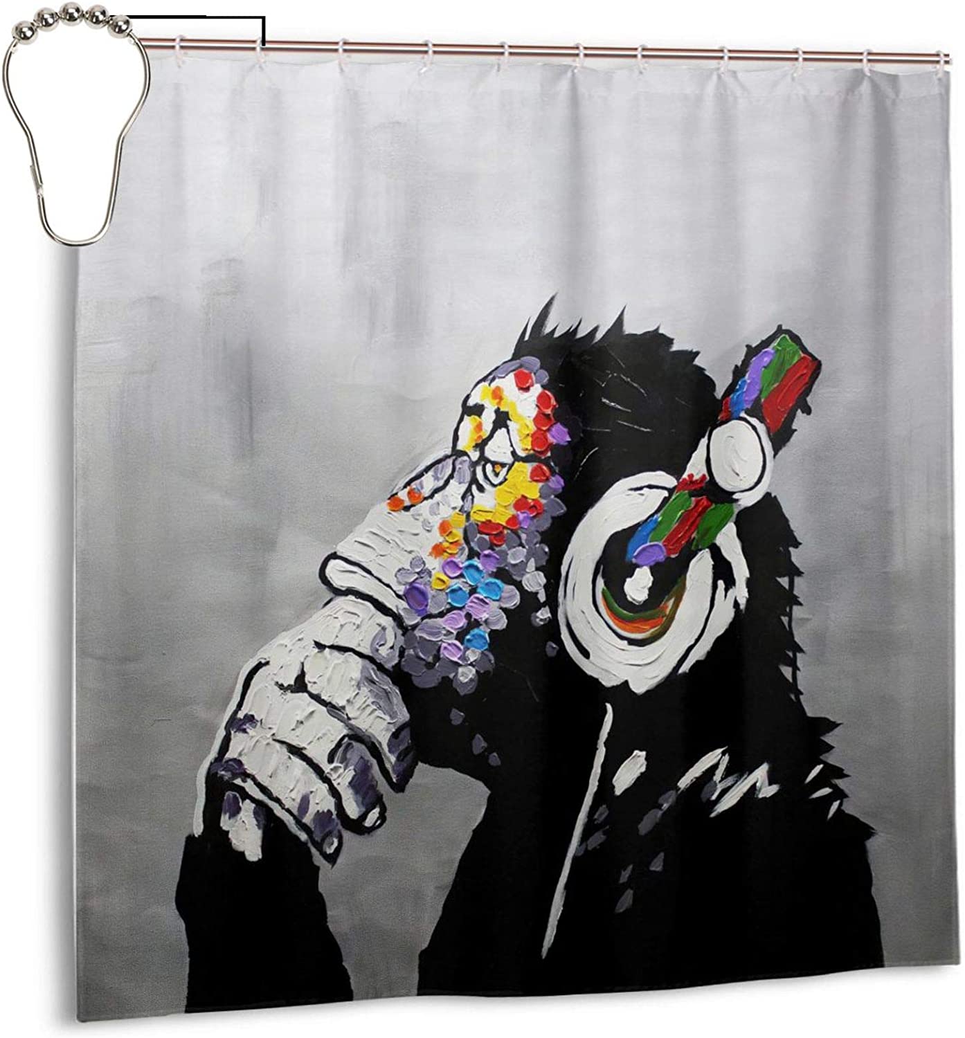 Banksy Monkeys Rustic Farmhouse Waterproof Shower Curtain With Headphones Music Theme,