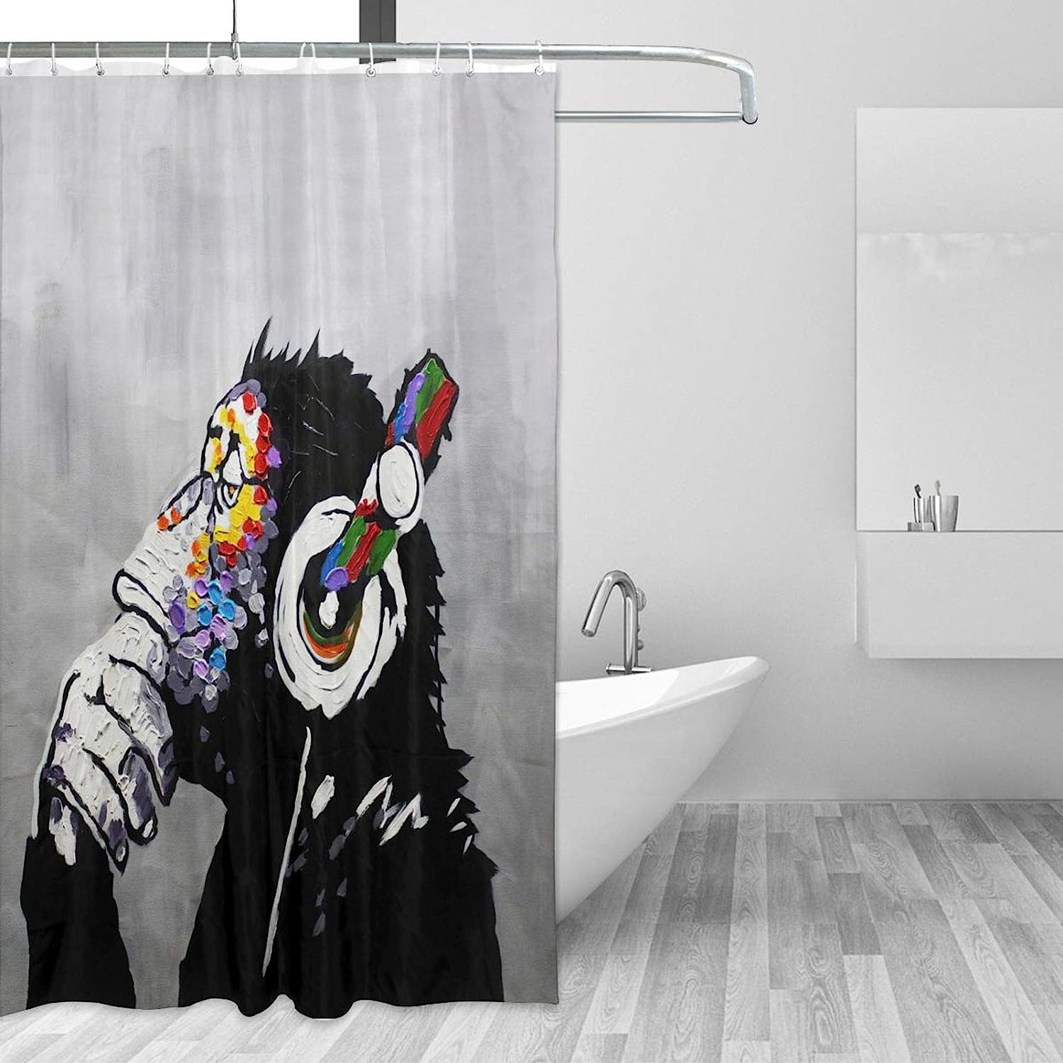 Banksy Monkeys Rustic Farmhouse Waterproof Shower Curtain With Headphones Music Theme, - Image 2
