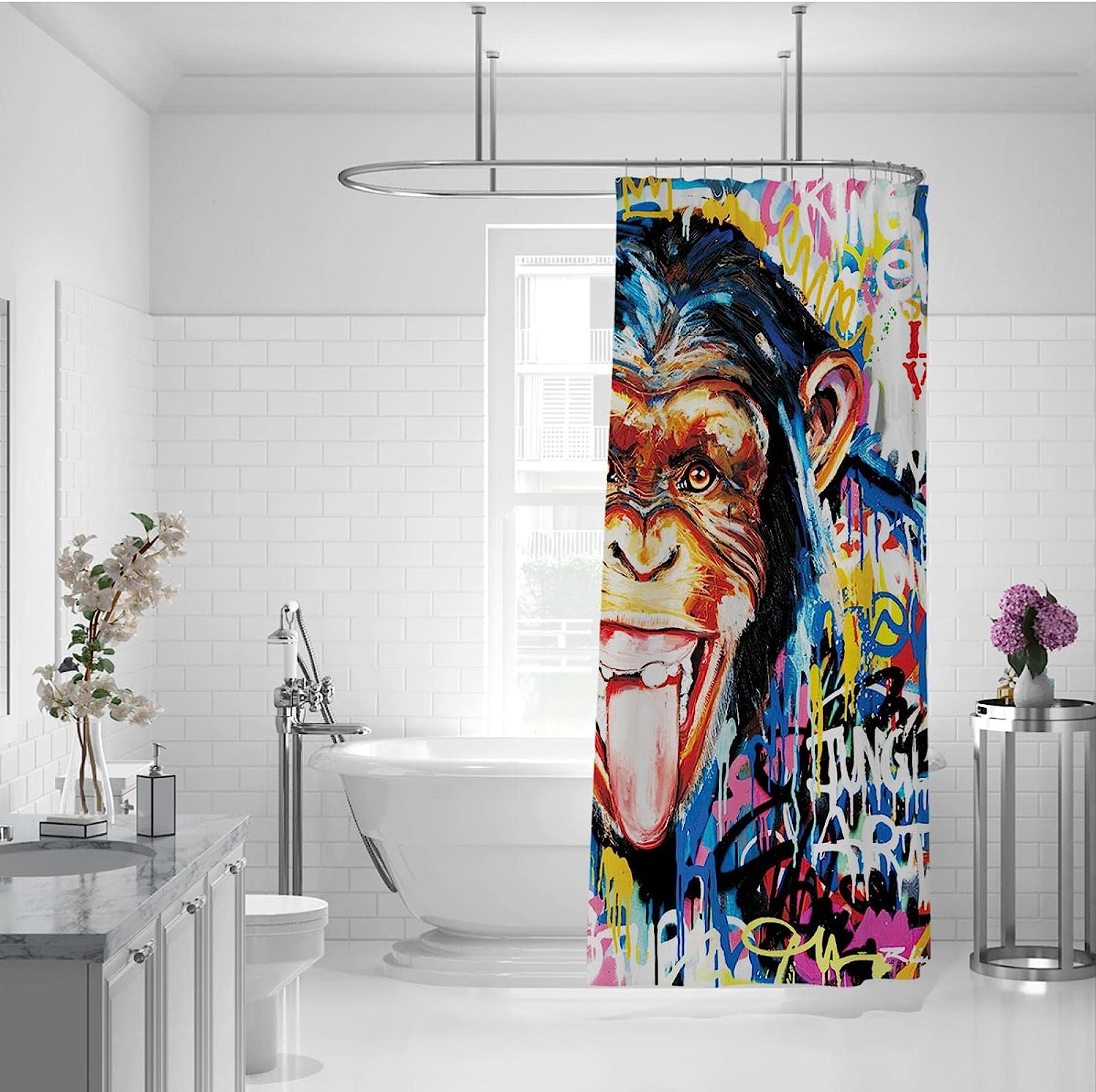 Banksy Style Street Art Monkey Watercolor Painting Shower Curtain for an Artsy and Urban Bathroom