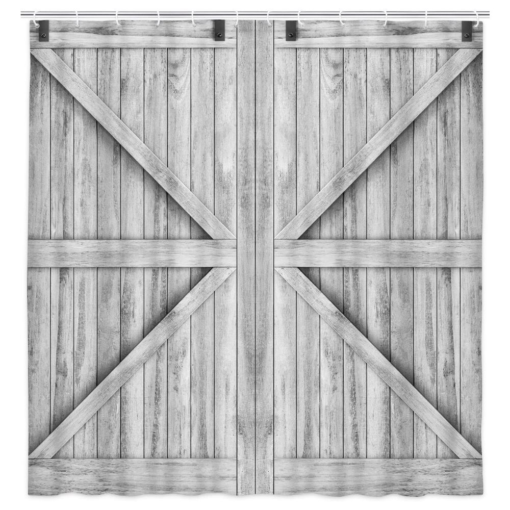 Barn Door Style Grey White Barn Door Fabric Shower Curtain