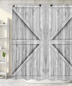 Barn Door Style Grey White Barn Door Fabric Shower Curtain