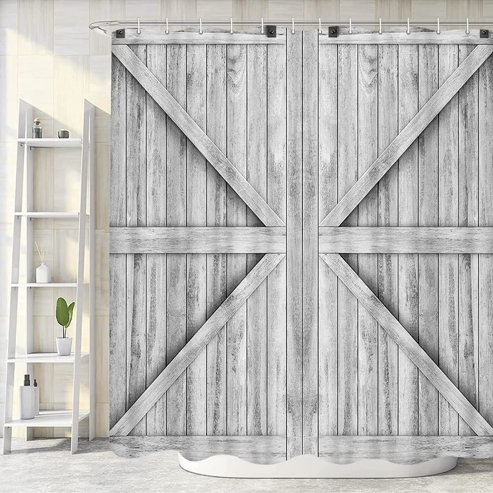 Barn Door Style Grey White Barn Door Fabric Shower Curtain