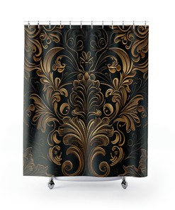 Baroque Floral Shower Curtain With Black And Gold Prints - Waterproof Fabric