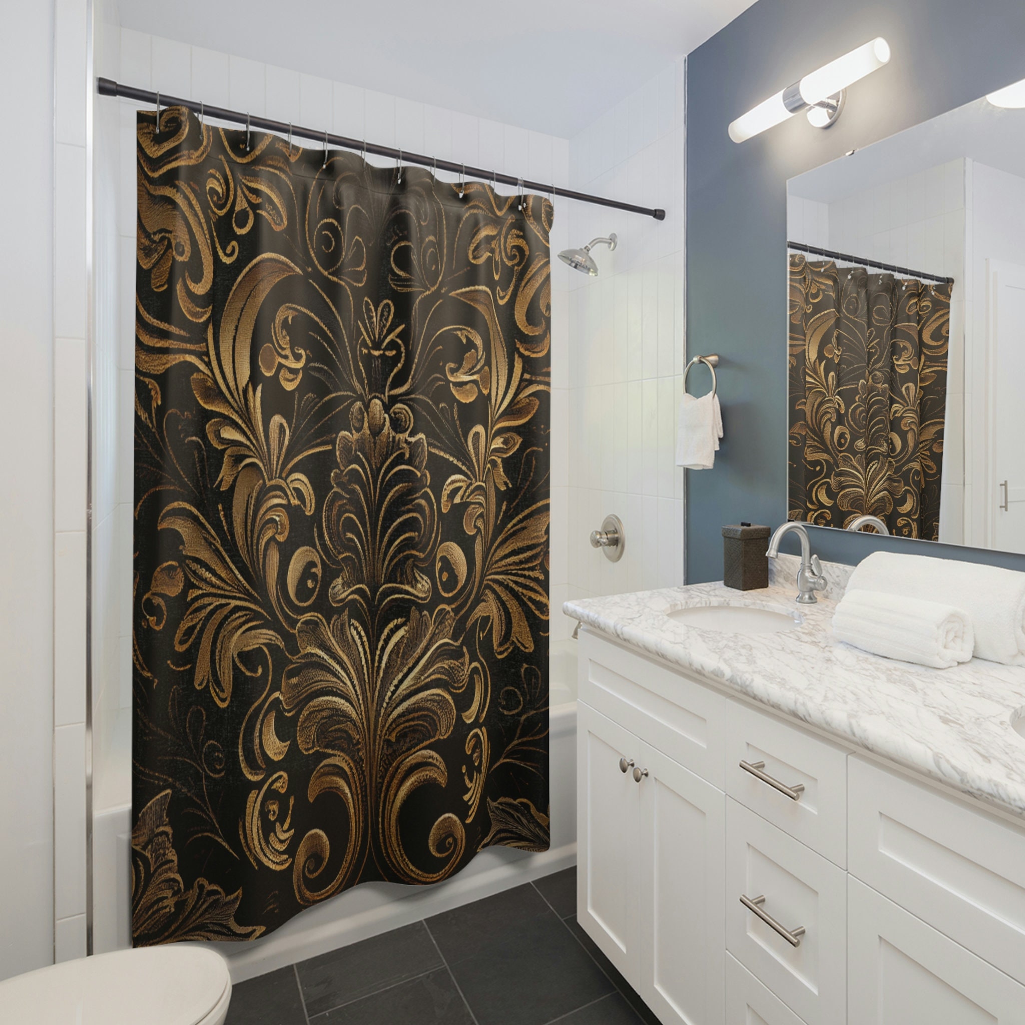 Baroque Floral Shower Curtain With Black And Gold Prints - Waterproof Fabric - Image 2