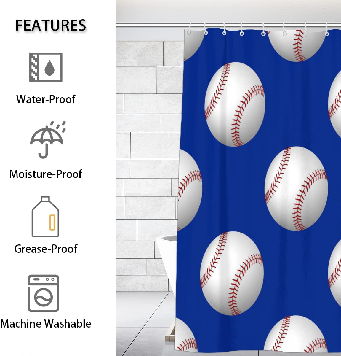 Baseball Balls Shower Curtain for Boys Bathroom Fabric Sports Theme Home Decor