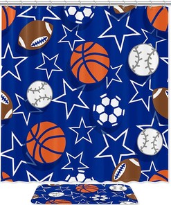 Baseball Basketball Football Pattern Shower Curtain For Bathroom