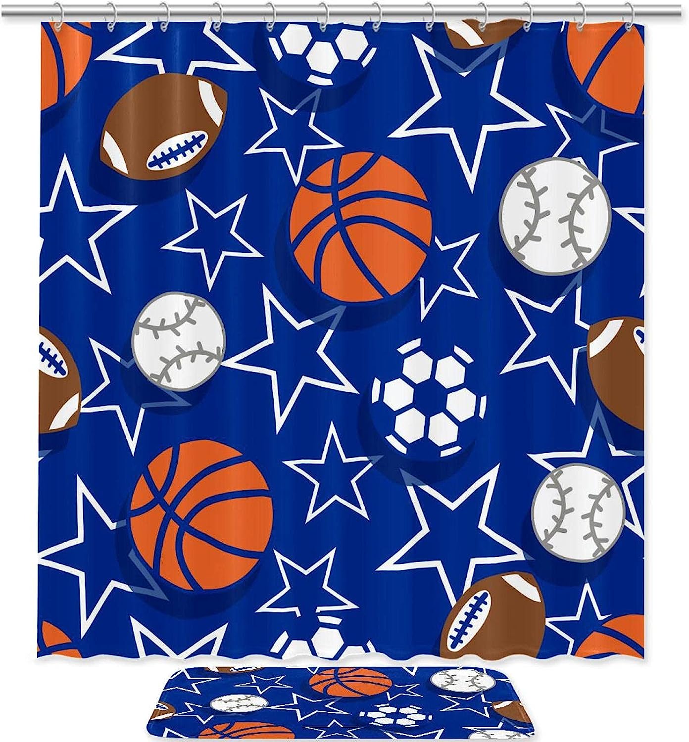 Baseball Basketball Football Pattern Shower Curtain For Bathroom