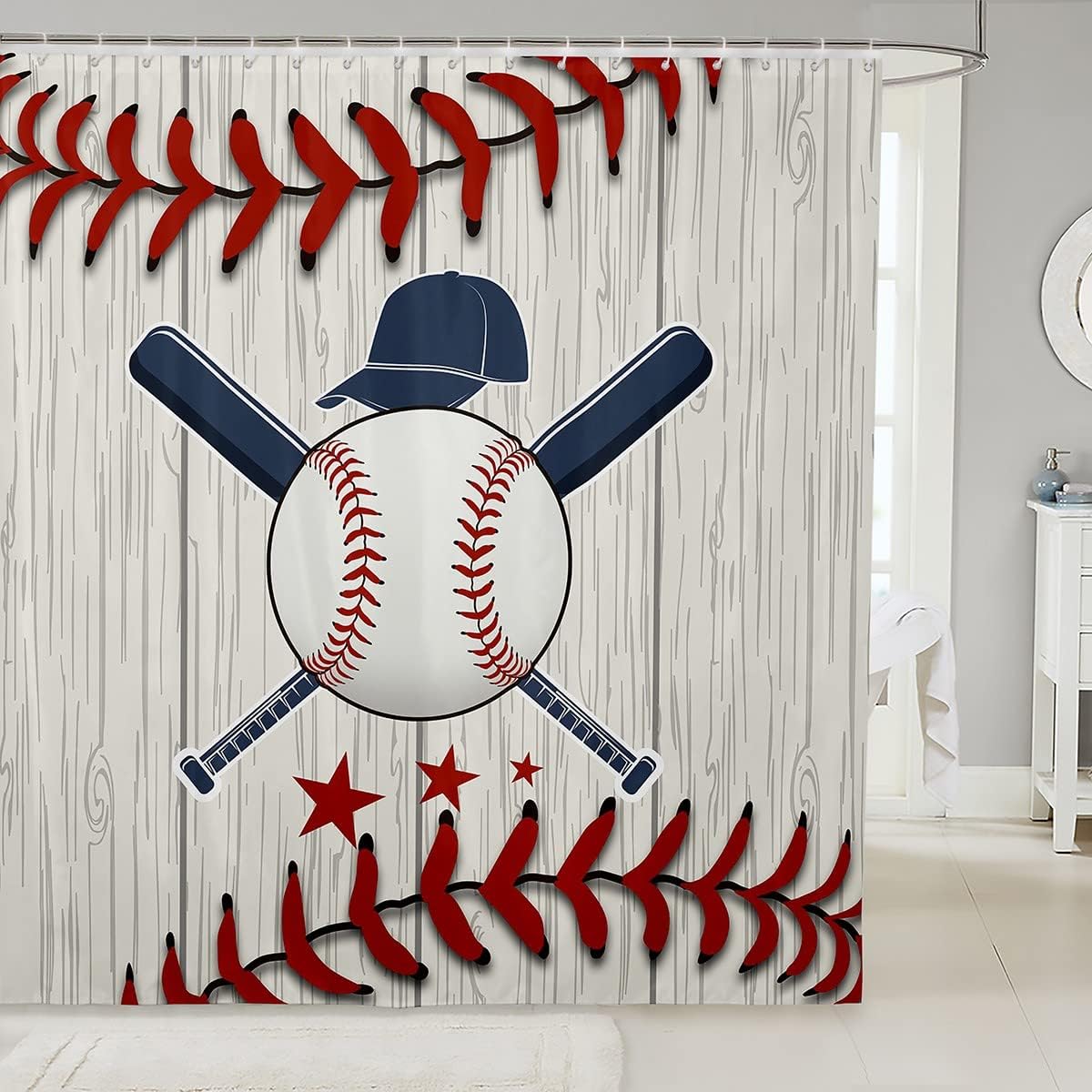 Baseball Bat Shower Curtain With Rustproof Hooks For Sports Bathroom Decor