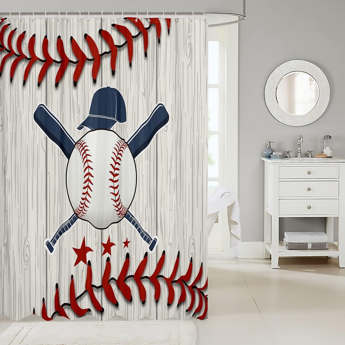 Baseball Bat Shower Curtain With Rustproof Hooks For Sports Bathroom Decor - Image 2