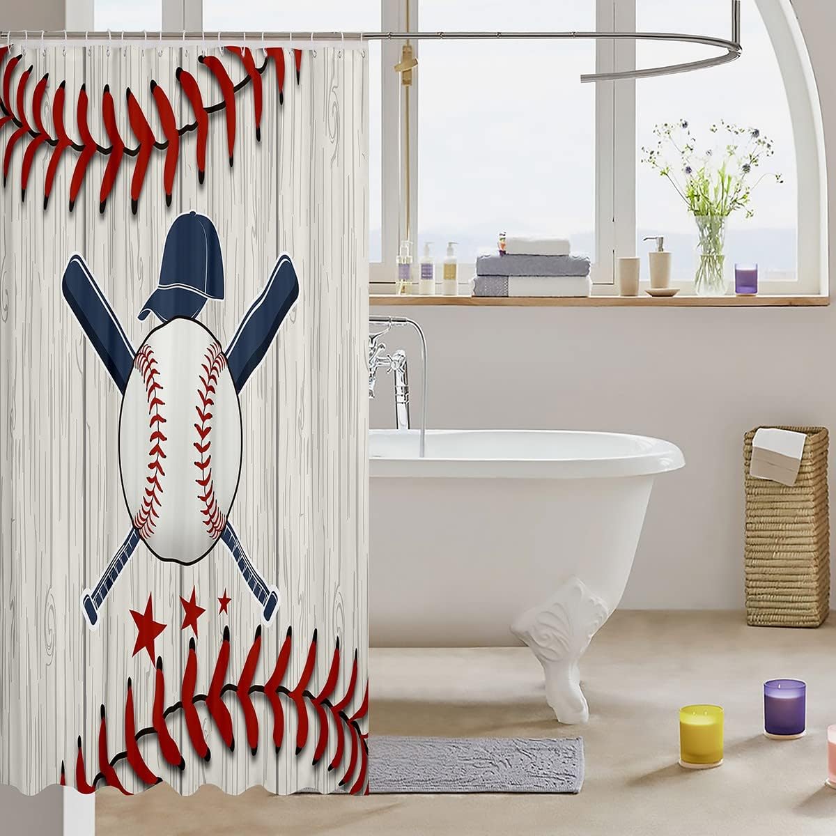 Baseball Bat Shower Curtain With Rustproof Hooks For Sports Bathroom Decor - Image 3